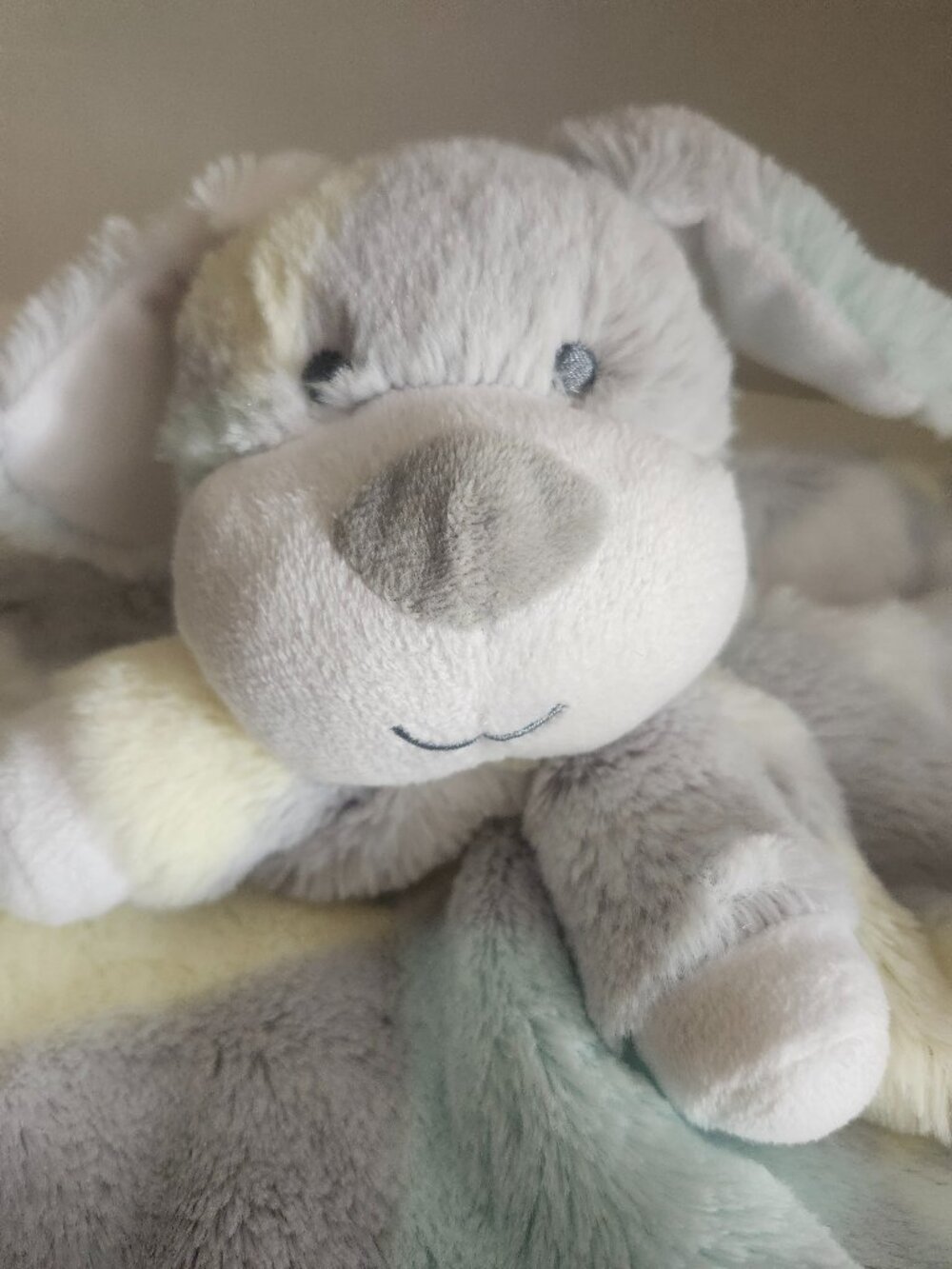 Baby Essentials pastel puppy dog plush Lovey- gray, yellow and mint